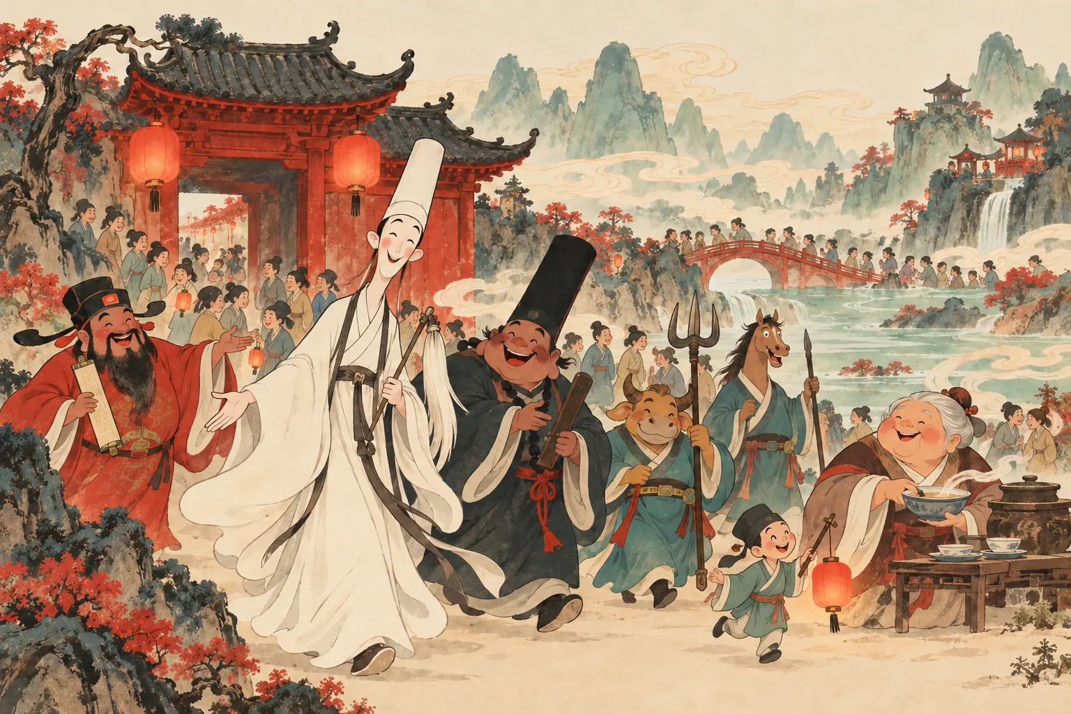 中国阴司人物在鬼门关前迎客的国风卡通插画
